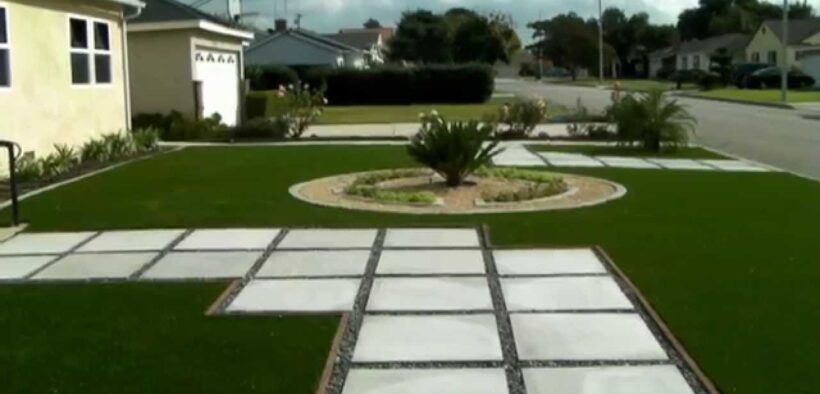 Landscaping ideas - front yard renovation - concrete curb / edging, artificial grass, paving stones